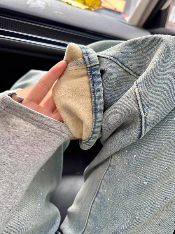 Ženske džinse s širokim nogama, svijetle boje s dizajnom od rhinestones, fleece podstava za zimu, visokim strukom, ležernim krojem, vizualno vitkiji efekt, uzorak zvijezda, ravne nogavice