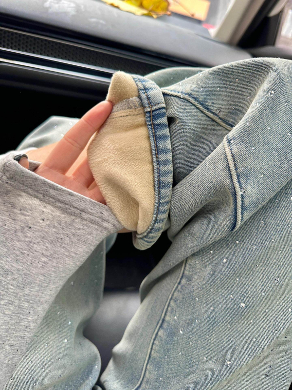 Ženske džinse s širokim nogama, svijetle boje s dizajnom od rhinestones, fleece podstava za zimu, visokim strukom, ležernim krojem, vizualno vitkiji efekt, uzorak zvijezda, ravne nogavice
