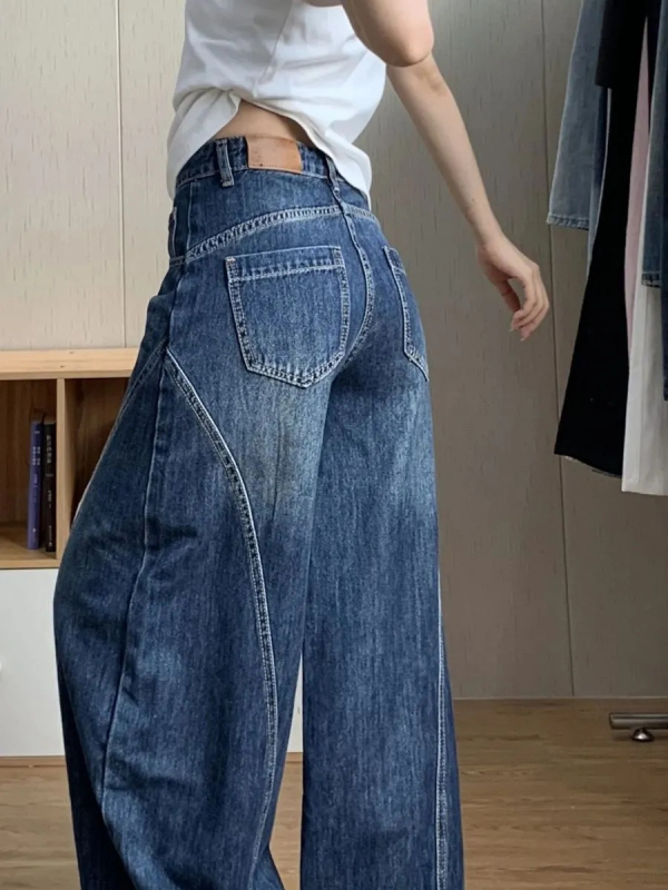 Ženske traperice od denima, visok pojas, široke nogavice, opuštenog ravnog kroja, do poda, američki retro stil, oprano pranje
