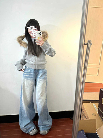 Plus-size Ženske traperice visokog struka, američki retro stil, široke nogavice, dužina do poda, s naborima i ispranim završnim učinkom