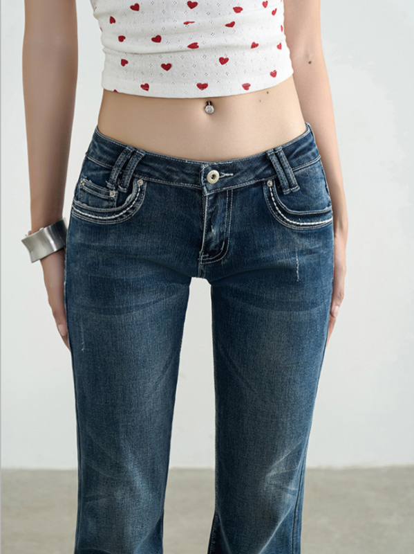 Ženske traperice u američkom stilu, 2025 proljeće/jesen, retro oprano plave denim, nizak struk, lagano proširene nogavice, dugačke do poda