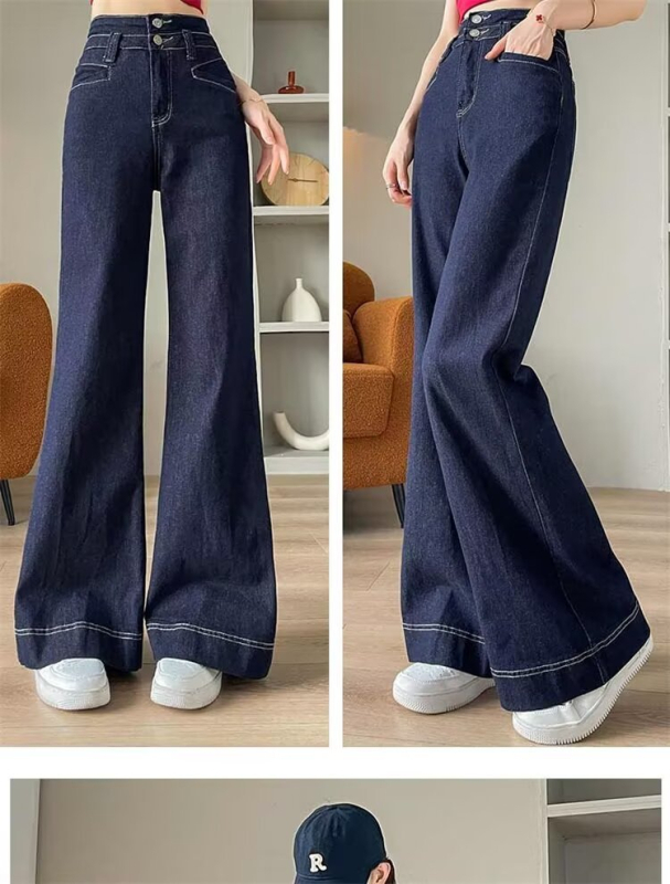 Ženske bijele široke traperice, visok struk, udoban kroj, denim