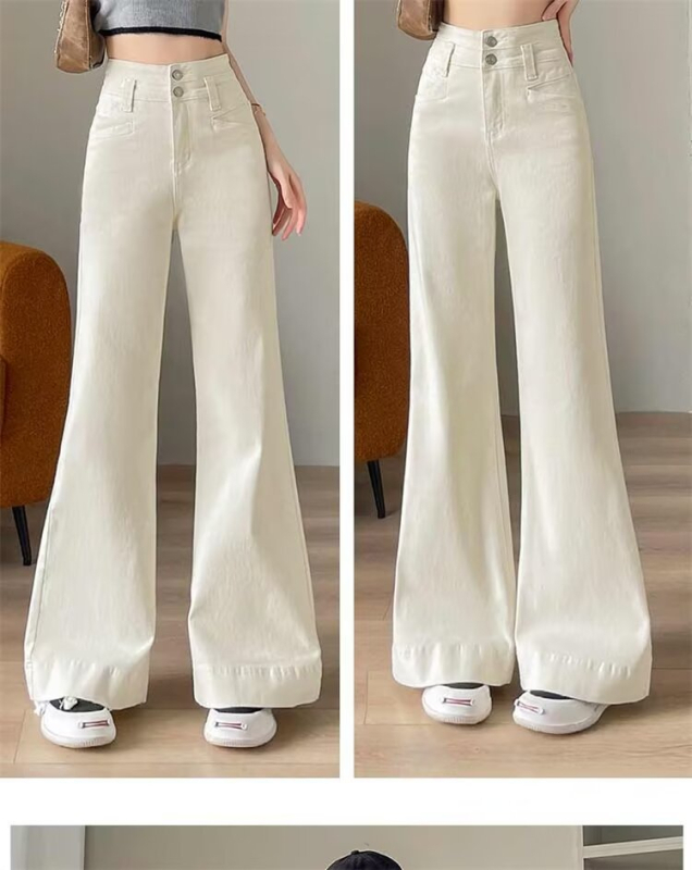 Ženske bijele široke traperice, visok struk, udoban kroj, denim