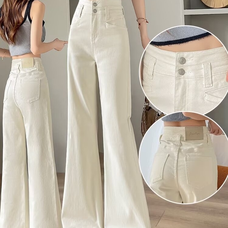Ženske bijele široke traperice, visok struk, udoban kroj, denim