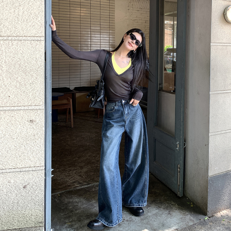 Nowyin 25 nove ženske džinsice s visokim strukom, širokih nogavica, američki retro stil, denim s pranjem
