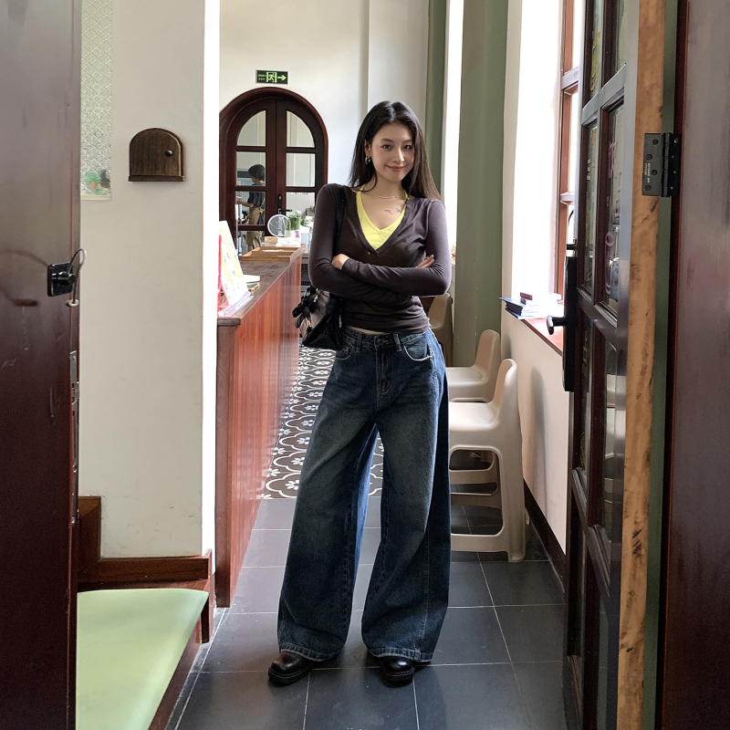 Nowyin 25 nove ženske džinsice s visokim strukom, širokih nogavica, američki retro stil, denim s pranjem