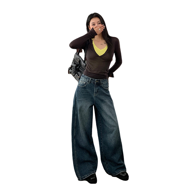 Nowyin 25 nove ženske džinsice s visokim strukom, širokih nogavica, američki retro stil, denim s pranjem