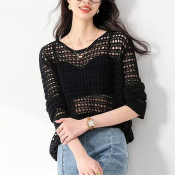 Лятна плетена блуза с прорези за защита от слънцето, дамски топ, 2025 нов модел, свободен крой, елегантен и стилен