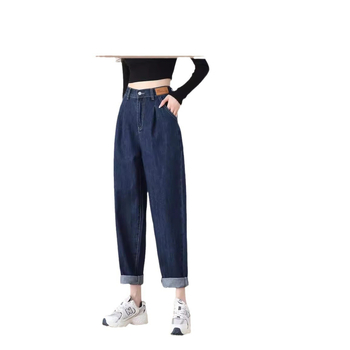 Ženske denim harém hlače, proljeće-jesenje, tanki model, visok pas, opuštena ravna kroj, skraćena duljina.