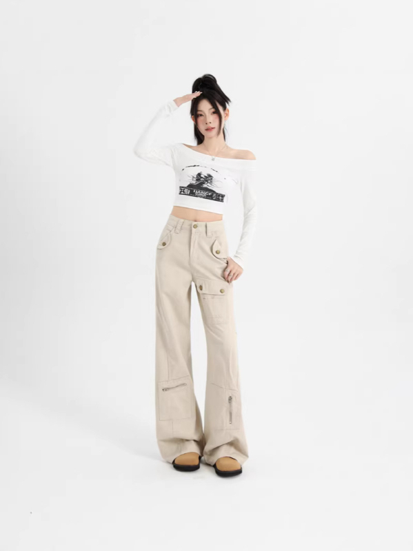 Ženske denim cargo hlače s visokim strukom, mnoge džepove, širokim krojem, duljina do poda