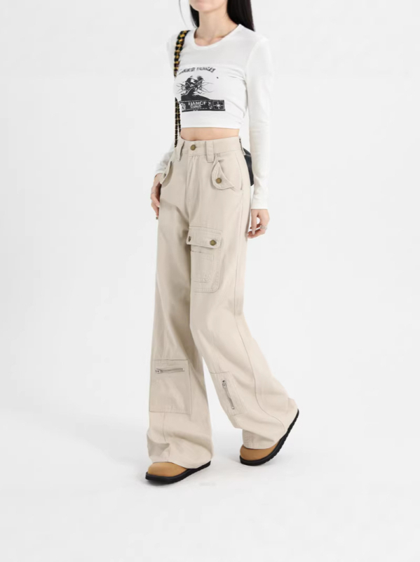 Ženske denim cargo hlače s visokim strukom, mnoge džepove, širokim krojem, duljina do poda