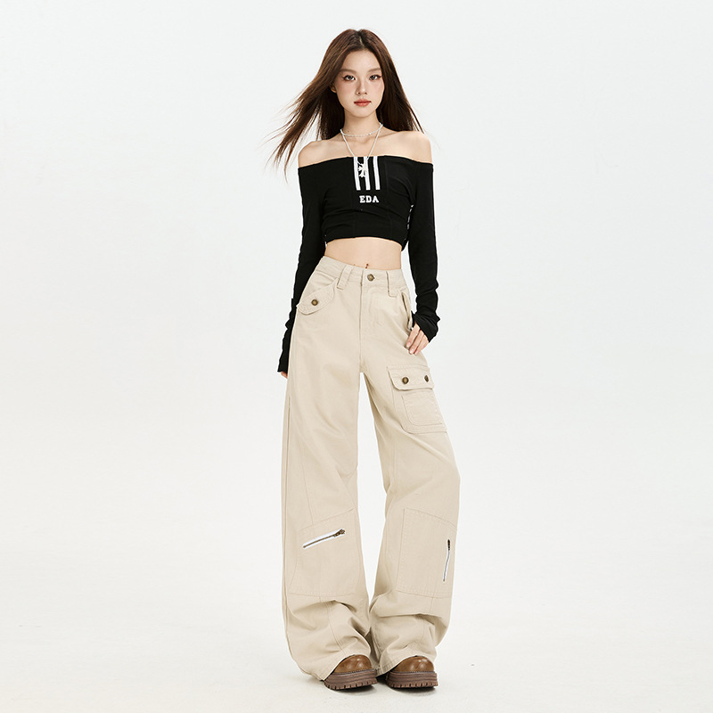 Ženske denim cargo hlače s visokim strukom, mnoge džepove, širokim krojem, duljina do poda