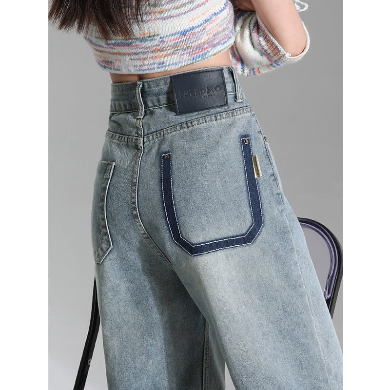 Ženske traperice visokog struka u retro američkom stilu, denim, uske i široke nogavice