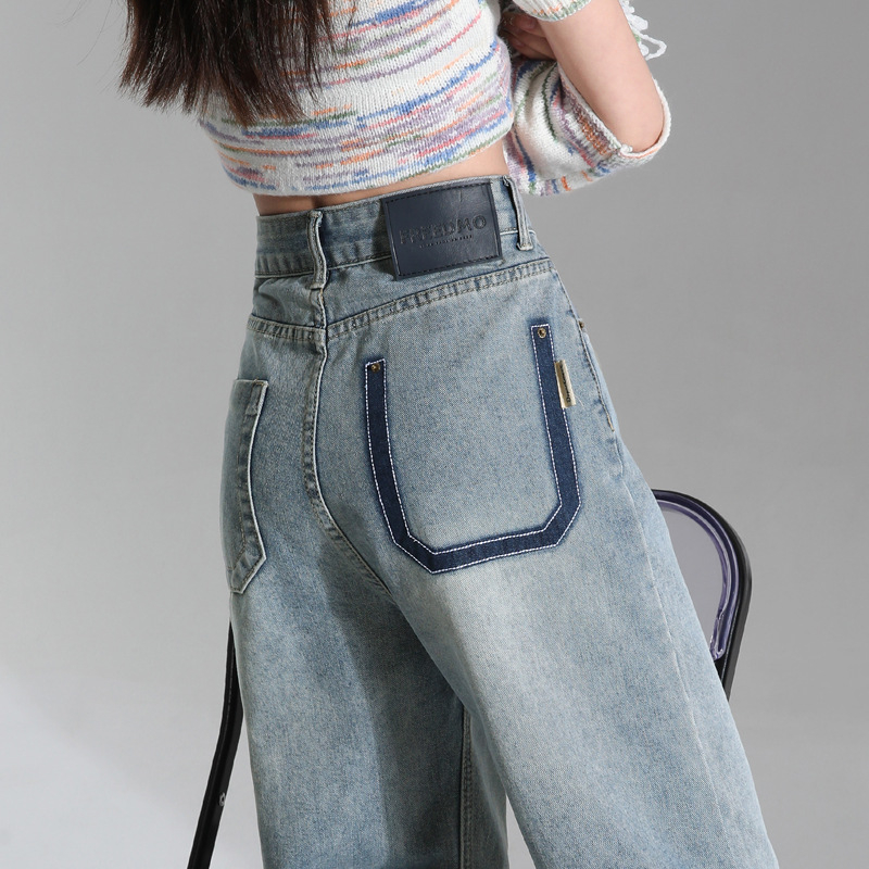 Ženske traperice visokog struka u retro američkom stilu, denim, uske i široke nogavice