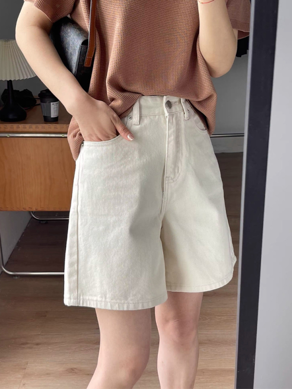Ženski denim šorc u krem boji za ljeto, visoki pojas, opuštena silueta, pravo, široke nogavice, kapri duljina, Plus Size