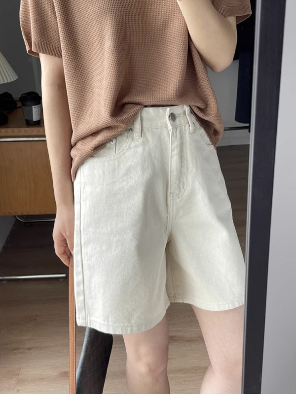 Ženski denim šorc u krem boji za ljeto, visoki pojas, opuštena silueta, pravo, široke nogavice, kapri duljina, Plus Size
