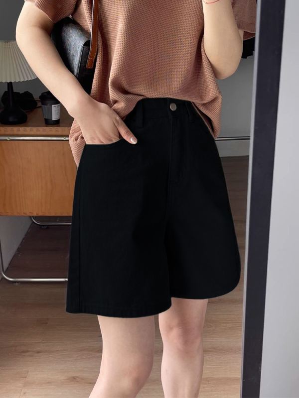 Ženski denim šorc u krem boji za ljeto, visoki pojas, opuštena silueta, pravo, široke nogavice, kapri duljina, Plus Size