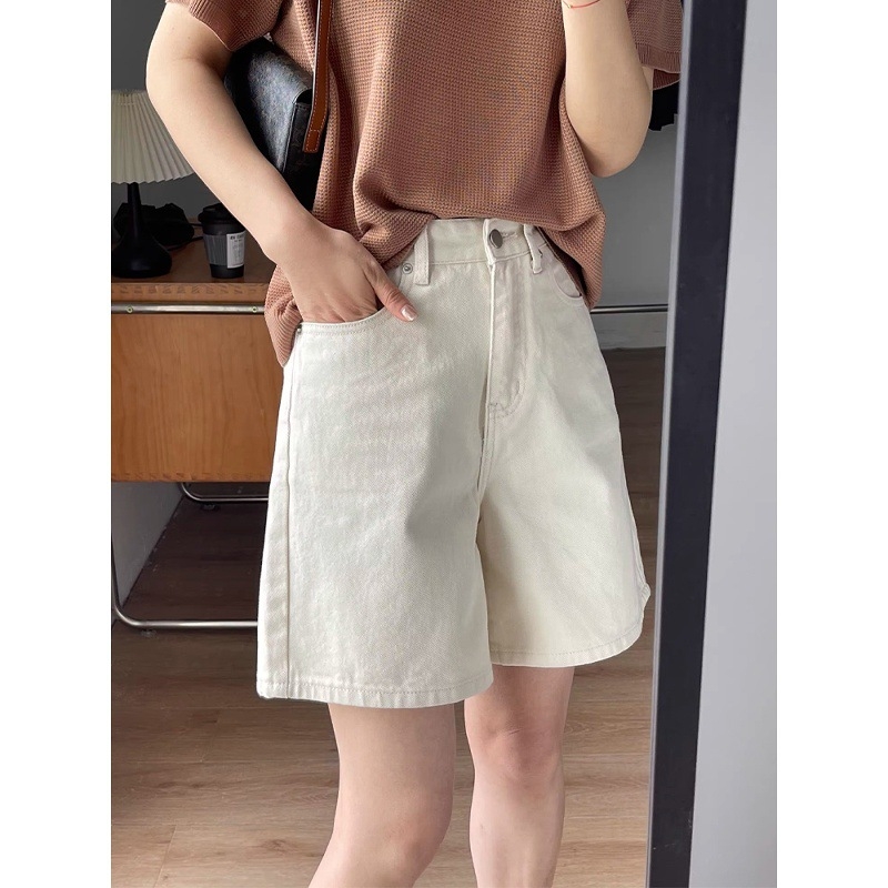 Ženski denim šorc u krem boji za ljeto, visoki pojas, opuštena silueta, pravo, široke nogavice, kapri duljina, Plus Size