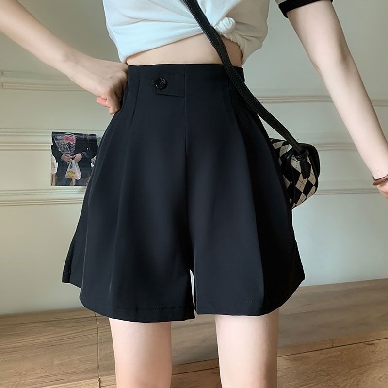 Plus-size ženske šorce s visokim pojasom, kapri dužine, crne, ležernog kroja, casual kostim-stil