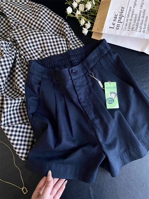 Plavo, Old Money stil, hlače od Tencela i lana, opuštene, casual, visok pas, A-linija, Bermuda, široke nogavice, šortsevi