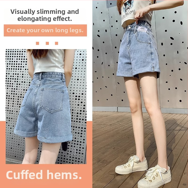Ženske denim šorts za ljeto, lagani, visok pojas, vizualno vitkastija silueta, opuštena kroj, uvijeni rub, A-kroj