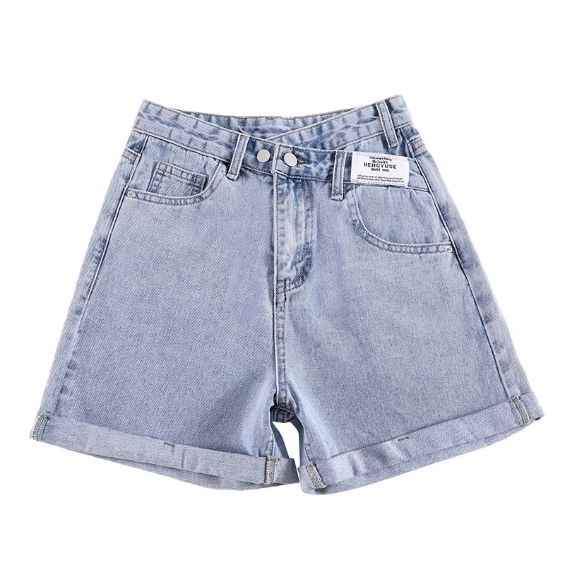 Ženske denim šorts za ljeto, lagani, visok pojas, vizualno vitkastija silueta, opuštena kroj, uvijeni rub, A-kroj