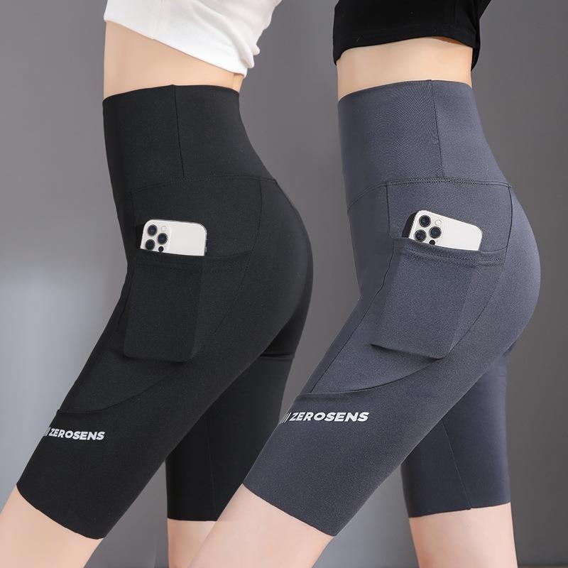 Colanți de yoga Pocket Shark pentru femei – negri, talie înaltă, subțiri, strâmți, pentru vară și ciclism