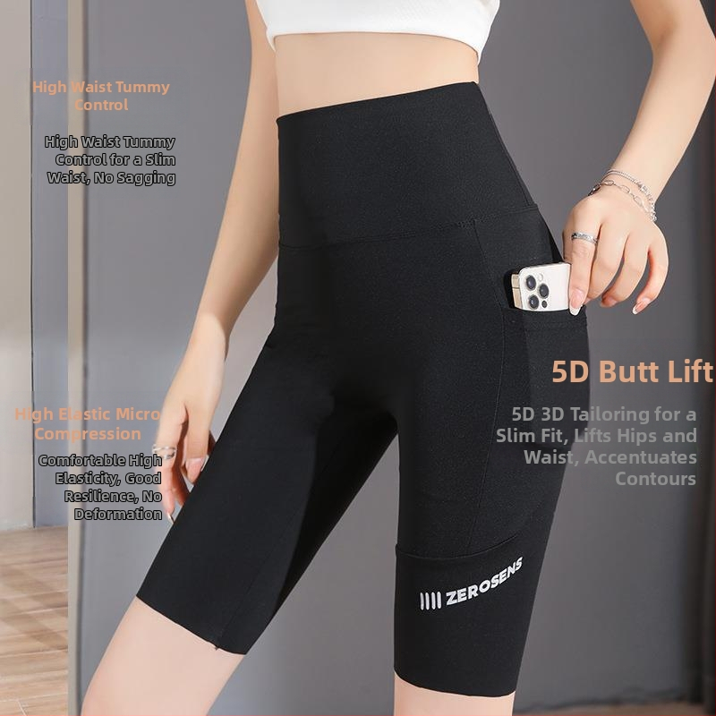 Colanți de yoga Pocket Shark pentru femei – negri, talie înaltă, subțiri, strâmți, pentru vară și ciclism