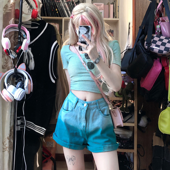 Șorturi denim verzi cu gradient pentru femei, vară 2025, croială lejeră, talie înaltă, A-line, largi, stil coreean