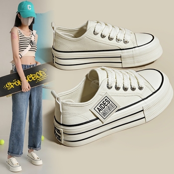 Női vászon sneaker vastag talppal, őszi szezonra, fehér, akadémiai stílus, platformtalp, koreai hatás, utcai divat