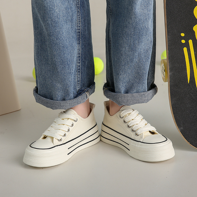 Női vászon sneaker vastag talppal, őszi szezonra, fehér, akadémiai stílus, platformtalp, koreai hatás, utcai divat