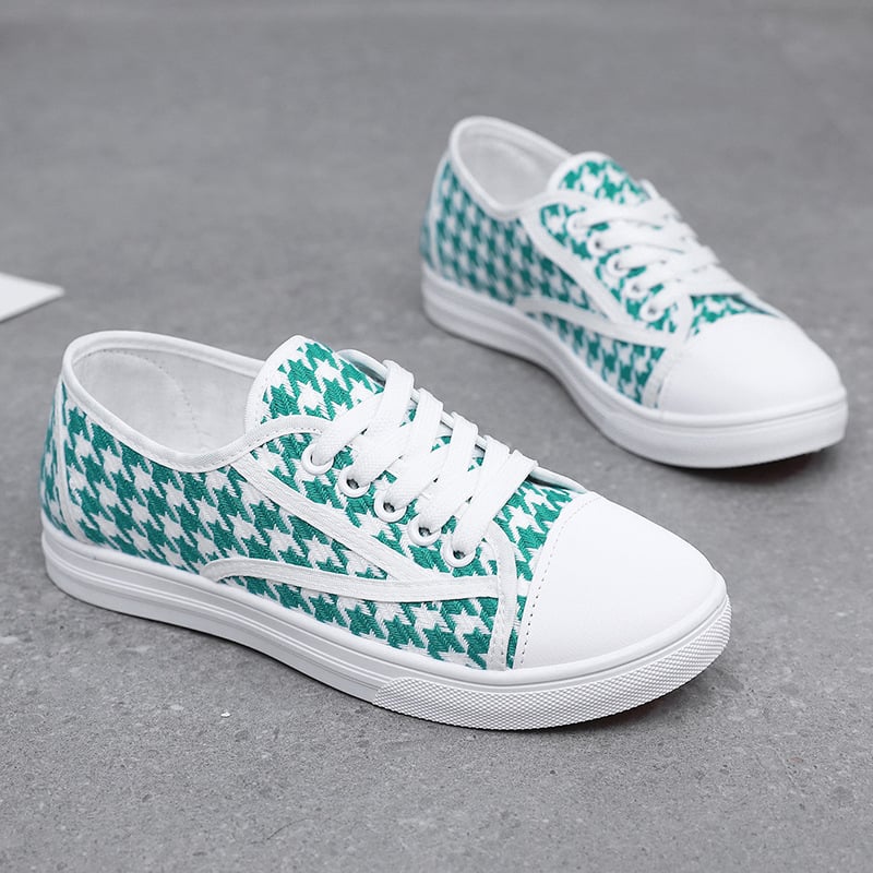 Ženske platnene tenisice s uzorkom houndstooth, prozračne, s ravnom potplatom, casual udobne za studentice