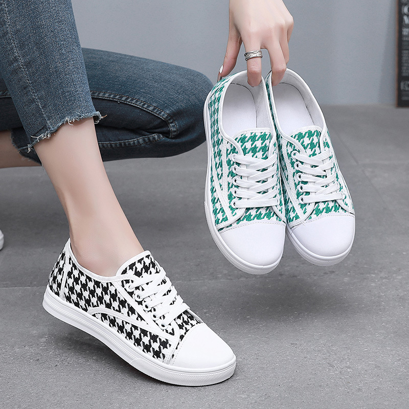Ženske platnene tenisice s uzorkom houndstooth, prozračne, s ravnom potplatom, casual udobne za studentice
