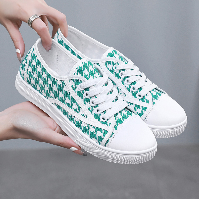 Ženske platnene tenisice s uzorkom houndstooth, prozračne, s ravnom potplatom, casual udobne za studentice