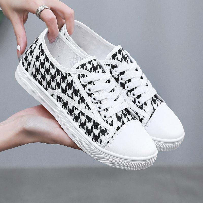 Ženske platnene tenisice s uzorkom houndstooth, prozračne, s ravnom potplatom, casual udobne za studentice