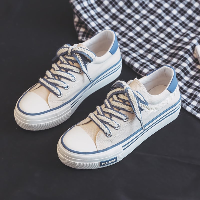 Γυναικείες καμβαδένιες sneakers με φαρδιά σόλα, χαμηλό ύψος, κορεατικό στυλ, συντονισμός χρωμάτων για φθινόπωρο