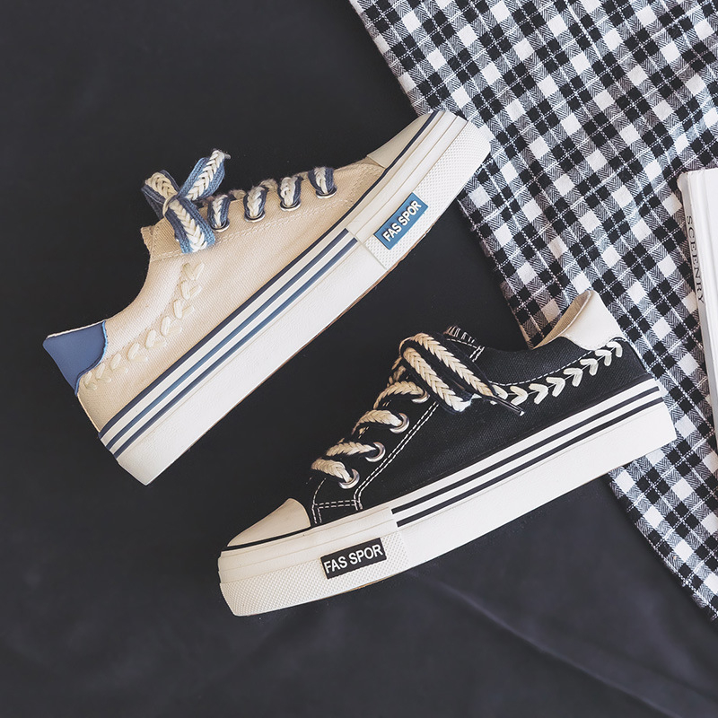 Γυναικείες καμβαδένιες sneakers με φαρδιά σόλα, χαμηλό ύψος, κορεατικό στυλ, συντονισμός χρωμάτων για φθινόπωρο