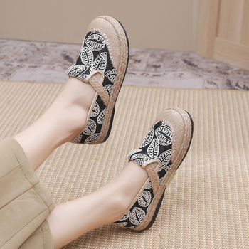 Női lazán felhúzható slip-on cipő, in anyagból, retro stílus, kerek orrú, mindennapi viselet
