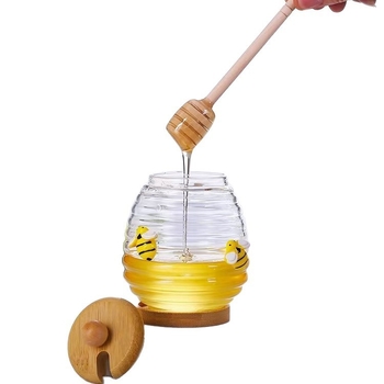 Стъклен буркан за мед със пръчка за разбъркване – прозрачен кръгъл запечатан съд за съхранение