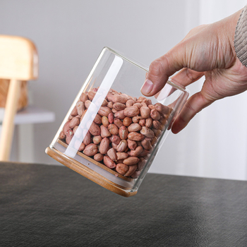 Квадратен стъклен буркан за съхранение с дървена капачка и бамбукова лъжичка, прозрачен съд за чай, сушени плодове и кафе зърна