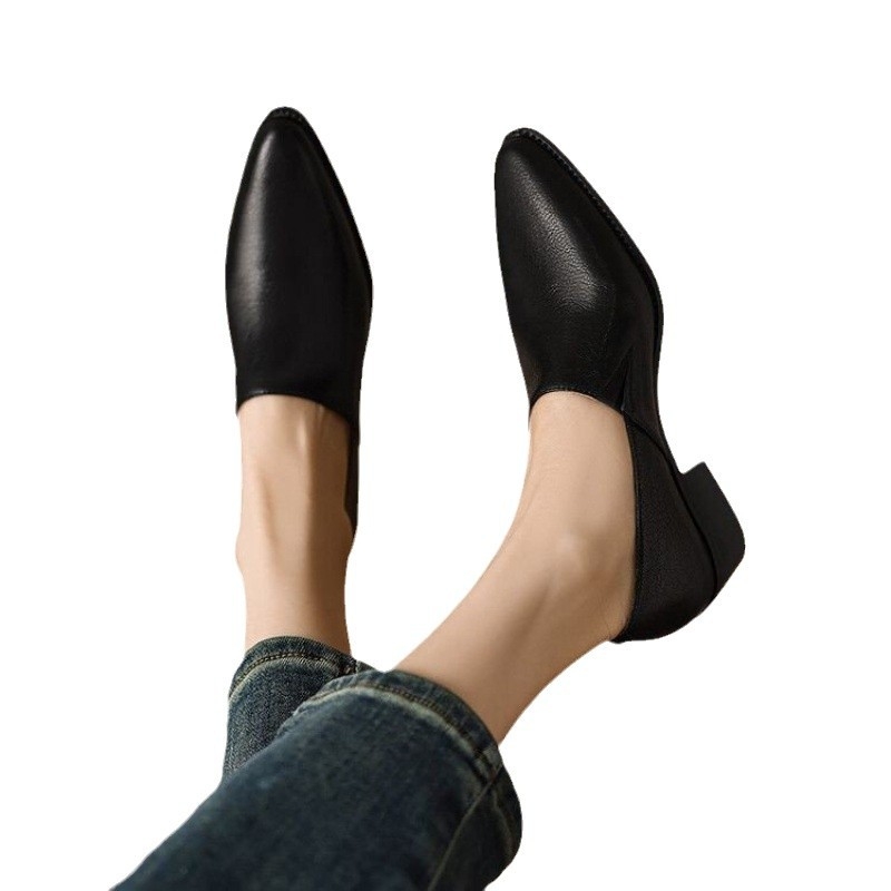 Női hegyes orrú Slip-On bőrlapos loaferek, puha PU bőr, közepes magasságú vastag sarokkal, tavasz–ősz