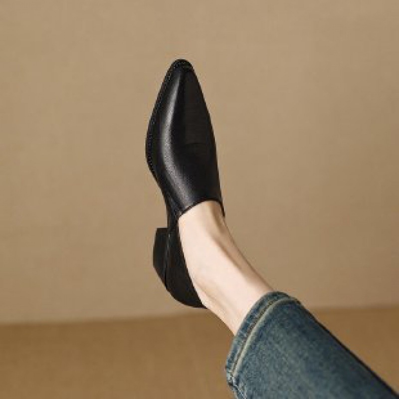 Női hegyes orrú Slip-On bőrlapos loaferek, puha PU bőr, közepes magasságú vastag sarokkal, tavasz–ősz
