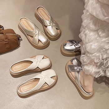 Prozračne srebrne slip-on sandale s zatvorenim prstom i debelim potplatom za žene, ljeto