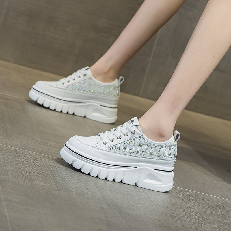 825-235 Női fehér bőrsneaker 7 cm-es magasság-emeléssel, fűzős, mindennapi platform cipő PU talppal