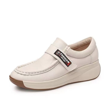 Bijele ženske slip-on cipele s Velcro i gumom, udobne kožne cipele s 3–5 cm wedge potpeticom, niski gornji dio, okrugli vrh, za proljeće i jesen
