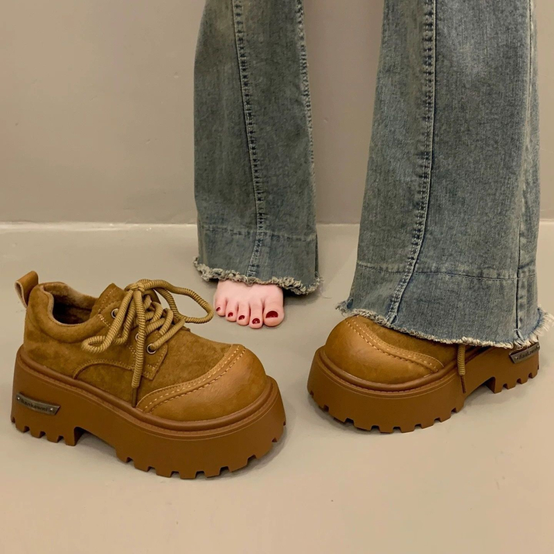 Ženske loaferice s 7 cm debelim potplatom, retro stil, vezanje, kožne cipele za povećanje visine
