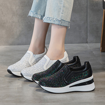 Ženske cipele s debelim potplatom od 7 cm za povećanje visine, slip-on casual obuvas s kristalima i perlama