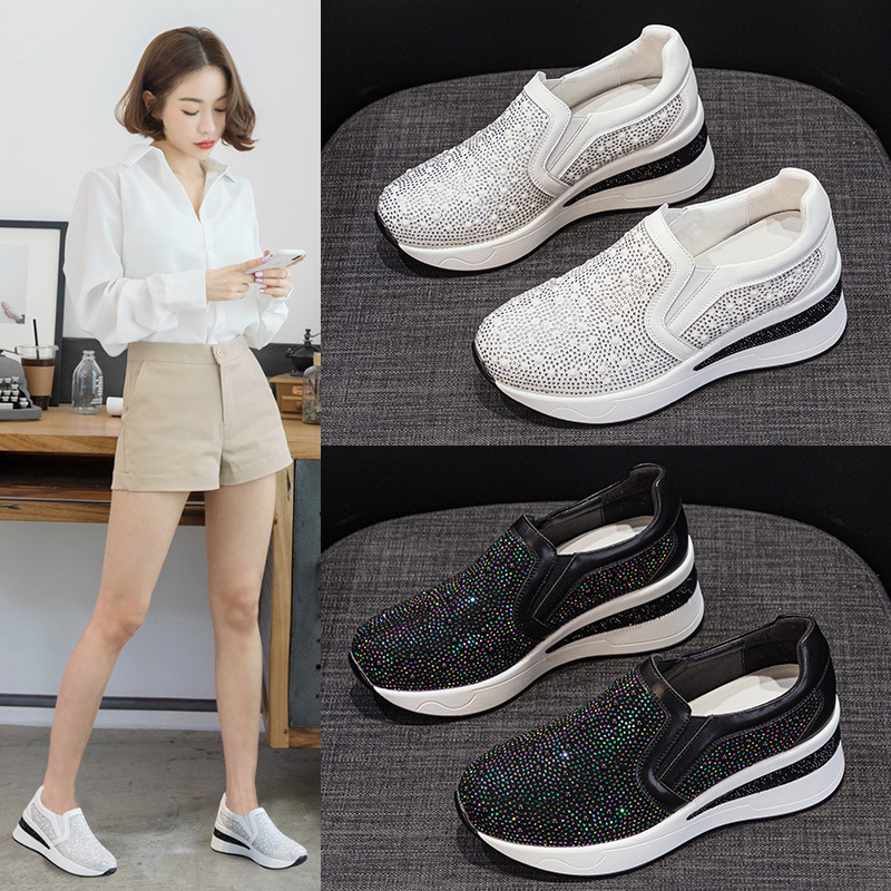 Ženske cipele s debelim potplatom od 7 cm za povećanje visine, slip-on casual obuvas s kristalima i perlama