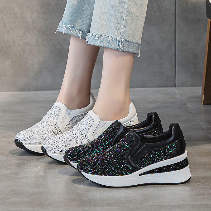 Ženske cipele s debelim potplatom od 7 cm za povećanje visine, slip-on casual obuvas s kristalima i perlama
