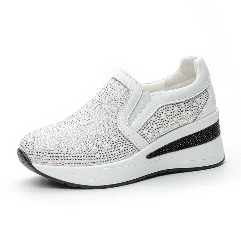 Ženske cipele s debelim potplatom od 7 cm za povećanje visine, slip-on casual obuvas s kristalima i perlama
